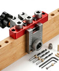 Heavy Duty Self Centering Doweling Jig Kit With Precision Drill Guide For Woodworking Crafts aligned on bamboo wood with accessories.