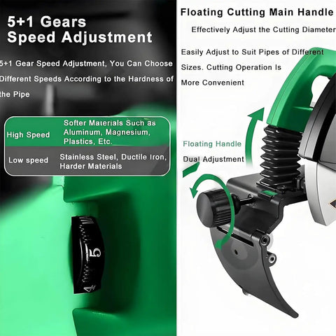 Professional Grade Heavy Duty Electric Pipe Cutter With Automatic Tube Cutting Machine And 5 Adjustable Speed Settings For Slick Plumbing And Metal Fabrication Up To 400Mm speed adjustment feature showing dial for pipe material selection.