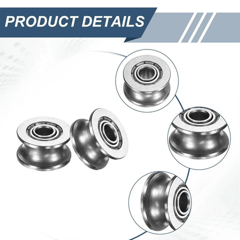 12 Pack Small U Groove Ball Bearing Pulleys 4X13X7MM Miniature V Wheel Rollers close-up view of pulleys highlighting smooth edges.