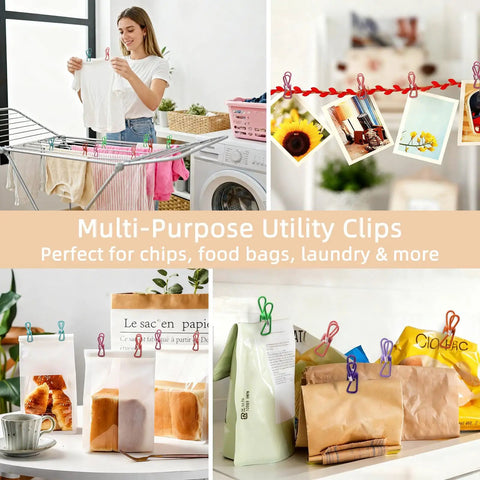Slick 10 Pack Colorful Metal Chip Bag Clips With Rubber Finger Guards And Heavy Spring Steel Design used for laundry and food bags.