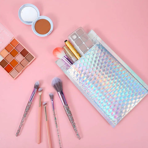 60 Pack Holographic Bubble Mailers Dope Waterproof Self Seal Foil Glitter Glamour Shipping Envelopes In 3 Sizes with makeup