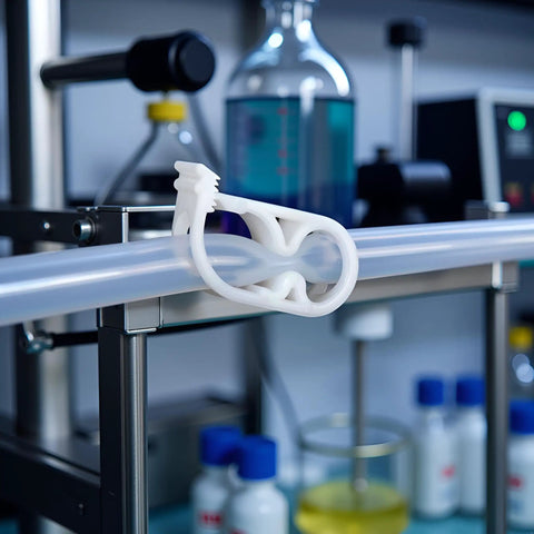 Close-up of white plastic Adjustable Tubing Clamps 10 Pack For Quarter To Half Inch Tubing With Easy Flow Control in lab setting