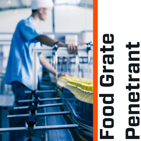 Factory worker using Clear Penetrant Spray For Food Grade Equipment, Odorless And Non Staining Rust Loosener on conveyor