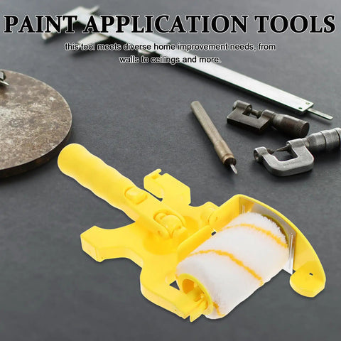 No Sweat Paint Edger Roller Brush Kit With Heavy Duty Pole displayed with paint tools, featuring a yellow roller attachment.