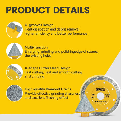 15-piece diamond tile hole saw kit with assorted diameters and cutting discs; yellow packaging and CenfeTool branding on blade
