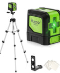 Dope Self Leveling Green Cross Line Laser Level With Tripod, 100Ft Range, Perfect For Picture Hanging, Tile, Decor And DIY Construction, Indoor Use, Battery Powered AA And Picture Hanging Strips Included; green laser level with tripod, batteries, and mount