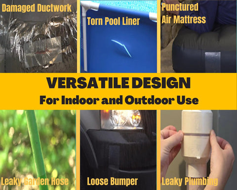 Transparent Sealing Tape That Sticks Like Crazy For Quick Waterproof Repairs Durable Patch Tape For Tears Cracks And Leaks Three Rolls Total 15 Feet Of Coverage Four Inch Wide For Home Kitchen Bathroom And Pool Fixes shown in various repair uses: ductwork, pool liner, air mattress, garden hose, bumper, and plumbing.