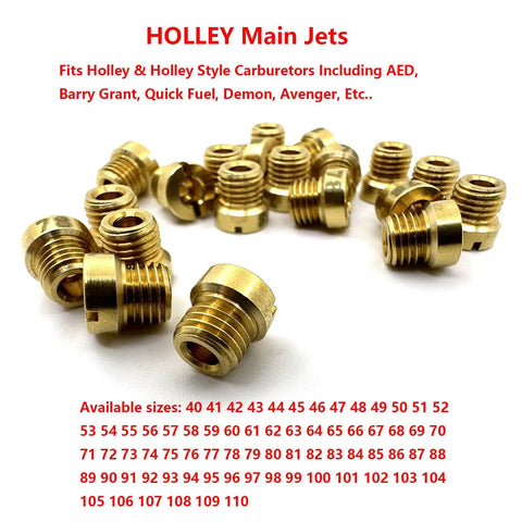 Main Jet Kit For One Quarter Inch By Thirty Two Carbs With Brass CNC Machined Jets Sizes 50 Through 59 Two Pieces Each Total 20 Jets Great For Holley Style Carburetors And Precision Tuning. Image of brass jets displayed.