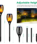 Lit Solar Flame Torch Lights For Outdoors With 99 LED Flickering Flames 43 Inch Waterproof Pathway Lights, adjustable height shown.