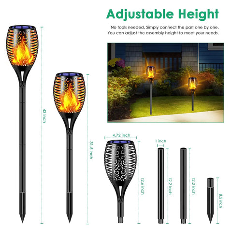 Lit Solar Flame Torch Lights For Outdoors With 99 LED Flickering Flames 43 Inch Waterproof Pathway Lights, adjustable height shown.