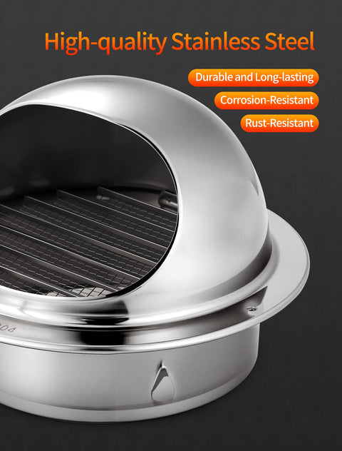 4 Inch 304 Stainless Steel Wall Vent Hood With Louver And Mesh for HVAC And Dryers Industrial Use Heavy Duty Rust Resistant Durable Vent Cover Easy Install High Quality Airflow Protection showing high-quality stainless steel and corrosion-resistant features.