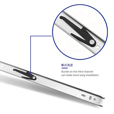 Heavy Duty Ball Bearing Drawer Slides 20 Inch Full Extension Side Mount Cabinet Hardware 100 Pound Capacity with installation buckle detail.