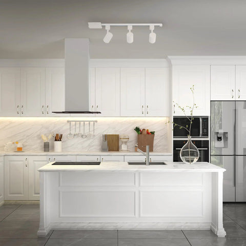 Modern kitchen with Amped Collection 3 Light LED Track Kit With 4ft Track And Floating Feed In White Finish ceiling lighting.
