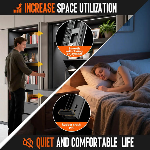 Man using hidden pocket door slide hardware kit 2 pack 12 inch for inset cabinets; woman sleeps peacefully nearby illustrating space utilization.