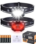 Two Pack 2500 Lumen Headlamps With Rechargeable Battery, XPE3 LED, 6 Modes, shown with white and red light, IPX4 waterproof.