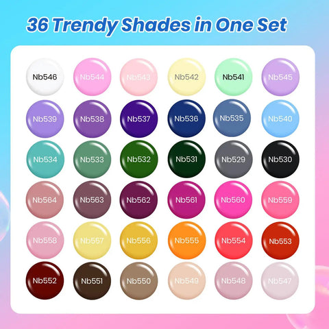 36 Color Gel Nail Polish Set With 44 Piece Kit featuring 36 vibrant polish shades in a grid layout for home manicures.