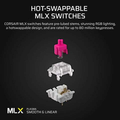 Hot-swappable MLX switches for the 96 Percent Compact Mechanical Gaming Keyboard with smooth linear switches.