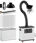 Heavy Duty 210W Laser Fume Extractor With Massive 360 CFM Airflow And Rock Solid Brushless Motor For Instant Smoke Capture On All Popular DIY Laser Cutting Rigs, shown with flexible hose and filters.