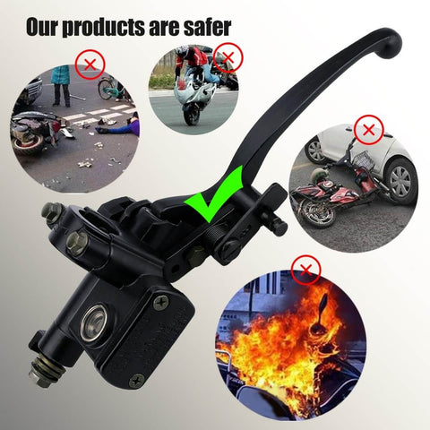 Seven Eighths Inch Left Hand Hydraulic Brake Lever Master Cylinder Fits Most 50cc To 250cc ATVs Quads Dirt Bikes Mopeds Scooters Replacement Part For Chinese Made Bikes, shown with safety comparison images.