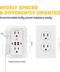 Heavy Duty Multi Plug Wall Outlet Extender Pack With Six AC Receptacles And Four USB Ports Delivering 20W Fast Charge for bulk adapters.