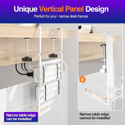 Under Desk Cable Management With Clamp No Drill 16 Inch Desk Cable Organizer Pegboard Style installed on desk