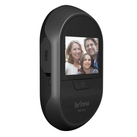 Front Door Peephole Wireless Security Camera With Large Screen, curved design, showing a photo of visitors on display