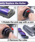 Quick Release Motorhead Cleaner showing step-by-step roller brush replacement for V6 and SV Series cordless vacuum cleaners.