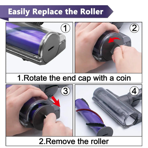 Quick Release Motorhead Cleaner showing step-by-step roller brush replacement for V6 and SV Series cordless vacuum cleaners.