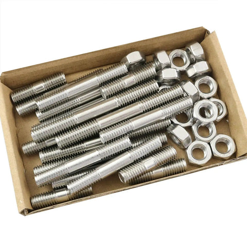 Heavy Duty 18 Piece Stainless Steel Double End Studs And Nuts Set Featuring M8 X30 X50 X70mm Sizes in a storage box.