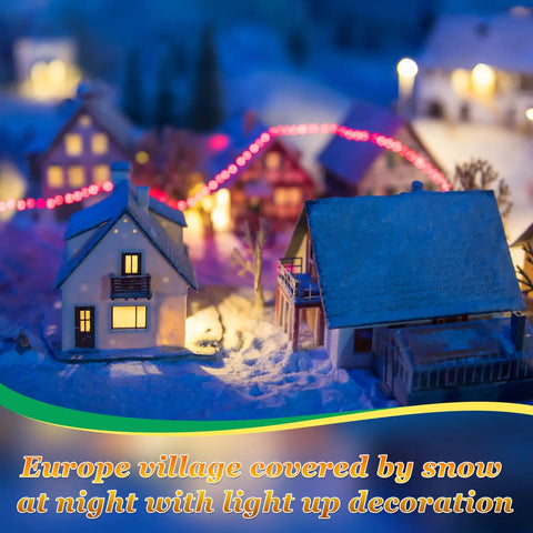 Miniature snowy European village with LED lights at night, showcasing 12V LED Lights Kit with 220 Pieces for DIY Craft Projects