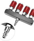 Four Way Straight Air Manifold With Five Ports And One Quarter NPT Inlets Aluminum Line Type Splitter With Red Couplers and Plugs