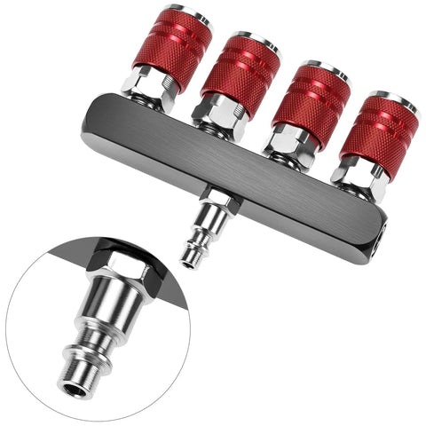 Four Way Straight Air Manifold With Five Ports And One Quarter NPT Inlets Aluminum Line Type Splitter With Red Couplers and Plugs
