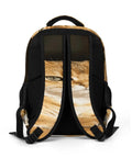 Back view of Green Eye Golden Cat Printed Unisex Backpack with large capacity, durable breathable polyester, smooth zipper straps.