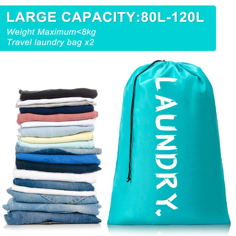 Two Pack XL Travel Laundry Bags With Drawstring Closure, Machine Washable Dirty Clothes Organizer, 24 x 36 Inches shown with clothes