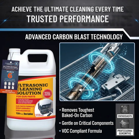 Slap It In Your Tank For A Spotless Finish With This Heavy Duty Ultrasonic Gun Cleaner Solution Concentrate For Metal Firearms Carbon Removal And Tool Degreasing One Gallon, shown in one-gallon jug with label.