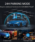 All In One Mirror Dash Cam For Car With Crisp 4K Front And 2.5K Rear IMX335 showing 24H parking mode with sports car.
