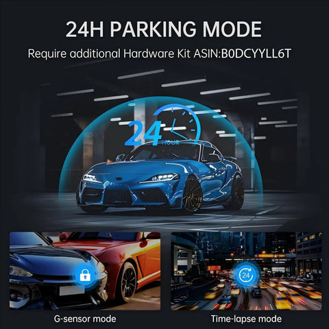 All In One Mirror Dash Cam For Car With Crisp 4K Front And 2.5K Rear IMX335 showing 24H parking mode with sports car.
