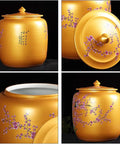 Straight Up Solid Ceramic Rice Jar With Wide Mouth Lid, Kickin Big Kitchen Grain Dispenser And Flour Storage Tank For Coffee Beans, 60 Pound Countertop Keeper That Seriously Delivers, elegant gold ceramic with floral design.