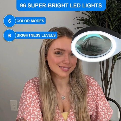 10X Magnifying Desk Lamp With 96 LEDs, 5 Inch Real Glass Lens, showing adjustable lighting and color modes.