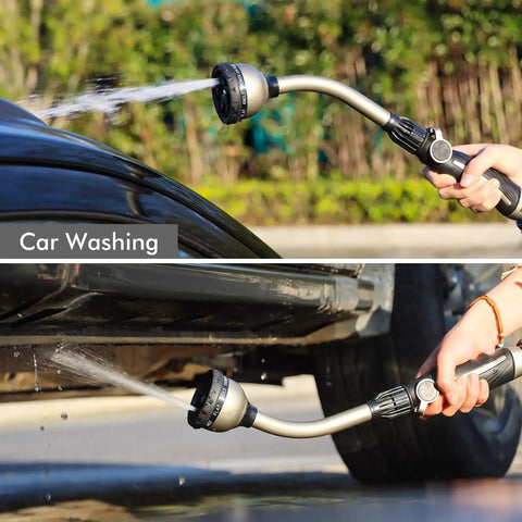 Heavy Duty Metal Watering Wand With 15 Inch Hose Nozzle Sprayer And 10 Spray Patterns, Thumb Flow Control in use for car washing
