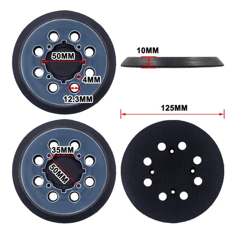 Detailed view of 2 Pack 5 Inch 8 Hole Hook And Loop Replacement Sanding Pad For Sander Pro Grade And Durable Build Compatible With DWE64233 N329079 And DWE6423 6423K DWE6421 6421K DWE6421 B2 B3 BR DCW210B, featuring measurements and hole layout.