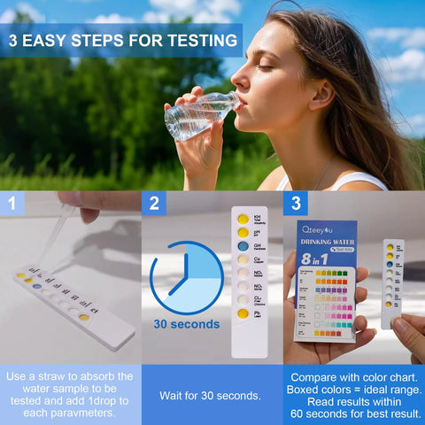 Woman using 8 In 1 Home Water Testing Kit For Tap And Well Water Detect Lead, pH, Alkalinity, Hardness, Copper, Nitrate, Nitrite, And Chlorine