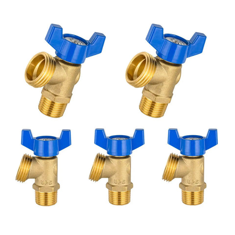 Five Pack Boiler Drain Valves, Three Quarter Inch Male Iron Pipe To Three Quarter Inch Male Hose Thread Brass Fittings, Blue