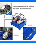 Detailed view of the Badass 12V Portable Hydraulic Hose Crimping Tool For Garage Crews with precision machine head and handle.