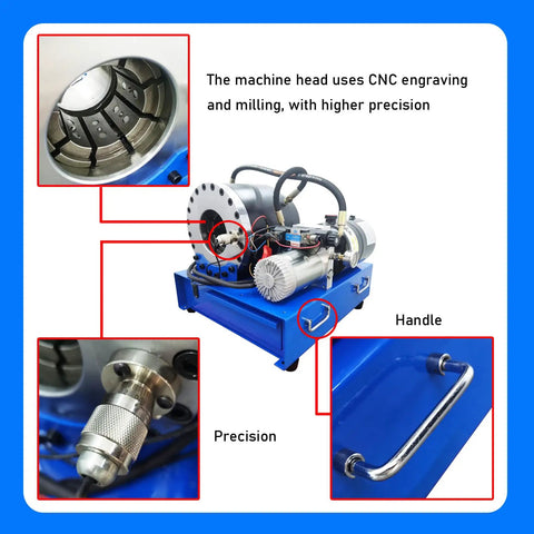 Detailed view of the Badass 12V Portable Hydraulic Hose Crimping Tool For Garage Crews with precision machine head and handle.