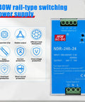 240W Bulletproof Din Rail Power Supply with terminals, delivering 24V and 10A for LED lighting and CCTV setups.