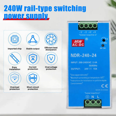 240W Bulletproof Din Rail Power Supply with terminals, delivering 24V and 10A for LED lighting and CCTV setups.