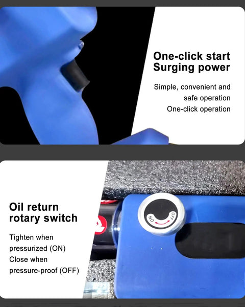 Close-up of blue hydraulic cutter handle with one-click start and oil return switch on Portable Electric Ratchet Cable Cutter.