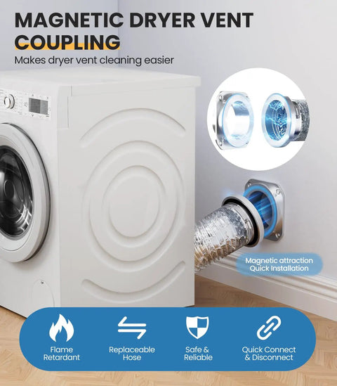 Magnetic Dryer Vent Connector Kit with quick connect design, 4 inch duct hose, shown connected to dryer for easy installation.