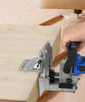 Using Dual Spindle Dowel Jointer With Adjustable Tilt Fence For Precise Wood Joints on wooden board